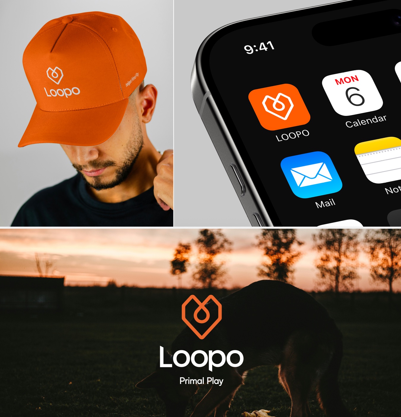 Loopo brand identity system showing merchandise, app icon, and logo